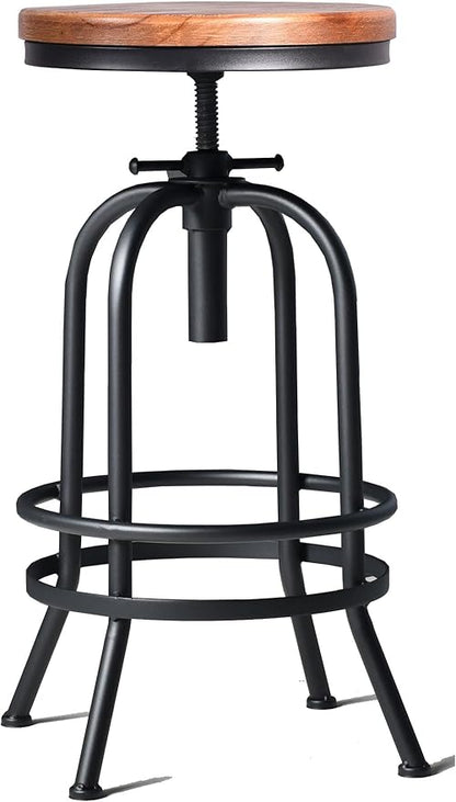 Diwhy Industrial Bar Stool-26-32 Inch Adjustable Swivel Metal Wood Seat Stool Bar Height Bar Stool with Footrest-for Kitchen, Dining Side Chair, Pub, Bistro, Set of 2, Black
