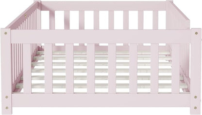 Bellemave Twin Floor Bed with Slats and Safety Guardrails, Kids Montessori Floor Beds with Fence and Without Door, Easy Assemble Floor Bed for Kids, Girls, Boys, Pink