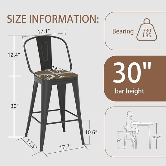 30” Swivel Bar Stools Set of 4, Counter Height Bar Stools Wooden Seat, Metal Industrial Bar Chairs with High Back for Kitchen Island (Black)