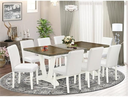 East West Furniture V077AB264-9 9 Piece Modern Dining Table Set Includes a Rectangle Wooden Table with V-Legs and 8 White Faux Leather Parson Dining Room Chairs, 40x72 Inch, Multi-Color