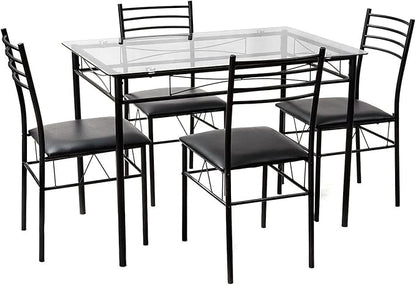 VECELO 5-Piece Kitchen Dining Table Set, Glasses Tabletop & Heavy-Duty Metel Frame, Rectangle Dinette with 4 Chairs for Small Space, Breakfast Nook, Glasses & Black