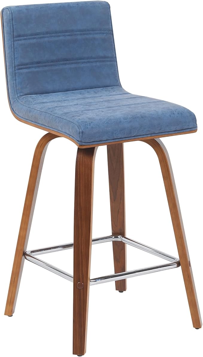 Armen Living Vienna Modern Swivel 26" Counter Height Barstool with Vintage Blue Faux Leather and Walnut Wood Finish