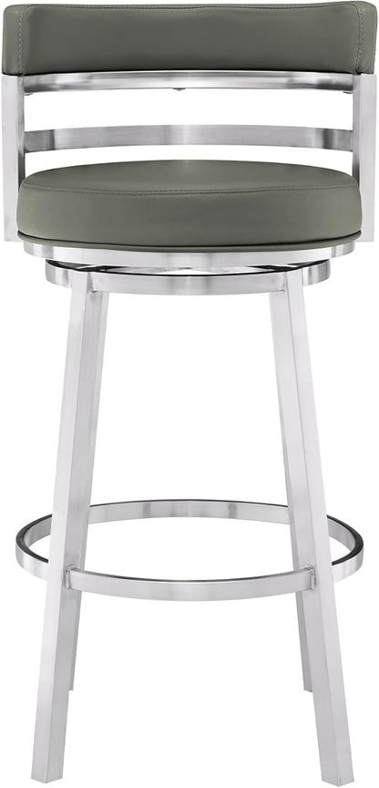 Armen Living Titana 26" Counter Height Swivel Grey Faux Leather and Brushed Stainless Steel Bar Stool