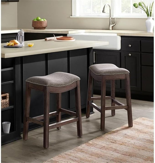 Williston Dark Brown Wood Counter Height Stool Set of 2, 18.25 in. W Seat with Linen-Like Fabric & Silver Satin Nail Heads, Kitchen Furniture Bar Stools w/Solid Rubberwood Frame & Metal Kick Plate