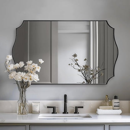 24x40 Black Mirror, Asymmetrical Vanity Mirror, Irregular Wall Mirror for Bathroom, Modern Mirror Wall Mounted Metal Framed for Bathroom, Bedroom, Living Room, Mantel