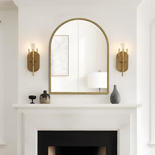 WallBeyond Gold Vintage Mirror for Vanity 28x36 Inch, Gold Antique Mirror with Ornate Beaded Frame for Bathroom, Living Room, Fireplace, Entryway