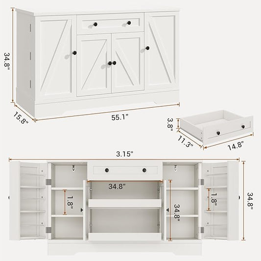 55" Buffet Cabinet with Storage, Kitchen Buffet Sideboard with Pull-Out Shelves and Drawer, Wood Farmhouse Coffee Bar Cabinet with 4 Adjustable Shelves, Kitchen Pantry for Living Room, White