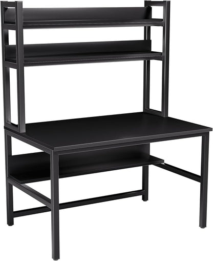 Aquzee Computer Desk with Hutch and Bookshelves, Large Leg Room 55 inch Width Black Desk with Space Saving Storage Shelves, Easy Assemble and All Hardware and Tools Included