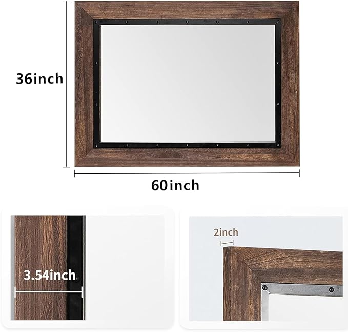 YOSHOOT Rustic Wooden Framed Wall Mirror, Natural Wood and Iron Bathroom Vanity Mirror for Farmhouse Decor, Vertical or Horizontal Hanging, 60" x 36", Brown