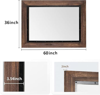 YOSHOOT Rustic Wooden Framed Wall Mirror, Natural Wood and Iron Bathroom Vanity Mirror for Farmhouse Decor, Vertical or Horizontal Hanging, 60" x 36", Brown