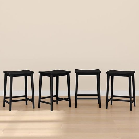 Plank+Beam Smythe Counter Stool, 24", Set of 4, Sturdy Wood Modern Kitchen Counter Height Stool, Saddle Seat Backless Counter Chair, Metal Footrest, Black