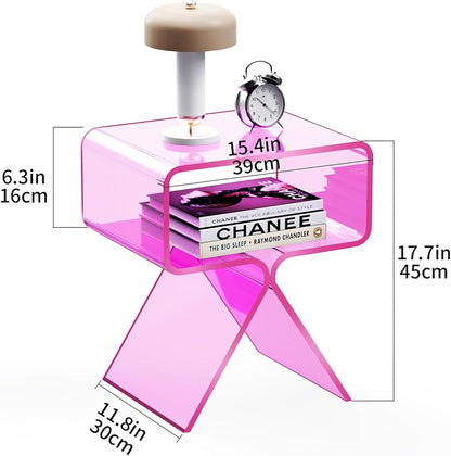 Acrylic Nightstand Side Table Modern Design Clear Home Decor Display End Table for Living Room (Pink)