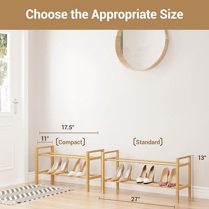 Haddockway Bamboo Shoe Rack for Closet, Free Standing Shoe Organizer with Smooth Round Rods & Convenient Handles, Stackable Shoe Storage Shelf for Entryway, Hallway(Natural, 2-Tier(Small))
