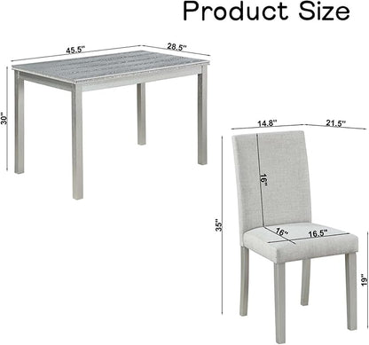 Dining Table Set for 4, 5-Piece Kitchen Table & Chairs Set with Rectangular Table & 4 Upholstered Chairs, 34.5'' Dinner Set with Crystal Decorations & Wood Grain Design, Silver Grey