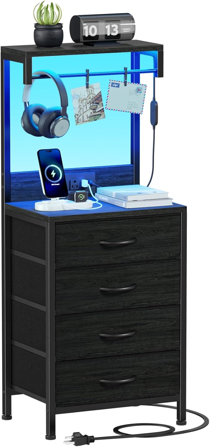 Furnulem Tall Nightstand with Charging Station, Night Stands with LED Lights and Storage Shelves, Bed Side Table for Bedroom, Hallway, Office, 4 Fabric Drawers (Black Oak)