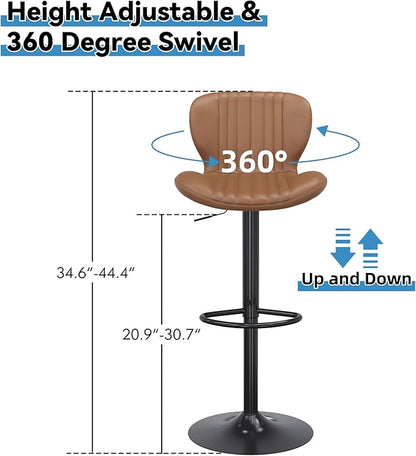 Shintenchi Bar Stools Set of 2 Modern Swivel Bar Chairs, Counter Height Faux Leather Metal Barstools, Upholstered Island Chairs with Back and Footrest, Coffee