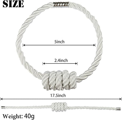 BEL AVENIR Magnetic Curtain Tiebacks, Decorative Drapery Holdbacks Modern Woven Tie-Backs with Exquisite Knot (White, 6 Pack)