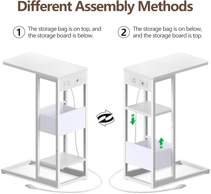C Shaped End Table with Charging Station, Small Side Table for Couch Recliner, Slide Under Sofa Desk Snack Tables with Storage Bag & AC / USB Outlet, Small Spaces Drink Tables for Living Room, Bedroom