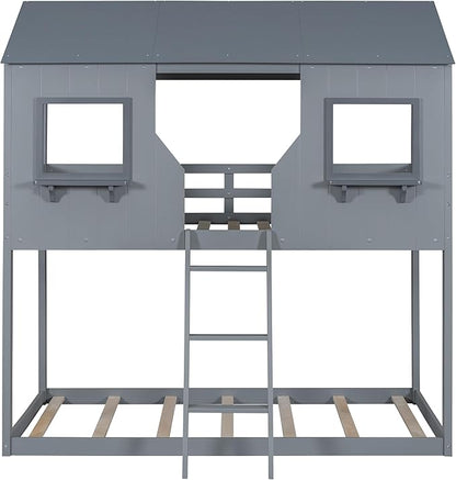 Ball & Cast Twin Over Twin Size Playhouse Bunk Bed with Roof and Window,Wood Bunkbed w/Full-Length Guard Rail & Ladder,Slat Support,Space Saving,Bedroom Furniture for Student Dorms,Gray