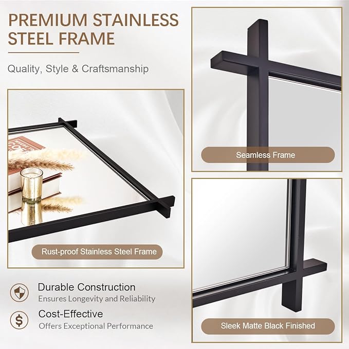 Andy Star 30x40 Inch Black Bathroom Vanity Mirror, Large Vintage Cross Corner Mirror Unique Industrial Minimalist for Home Decor in 1’’ Stainless Steel Metal Frame Wall Mounted Vertical/Horizontal