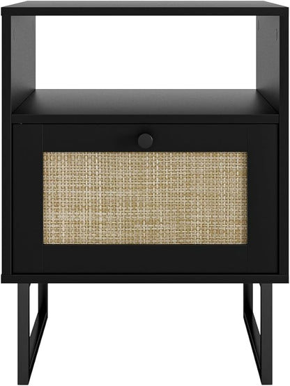 Rattan Nightstand, Boho Night Stand Farmhouse Wood Bedside Table with Storage and Open Shelf, End Side Accent Table for Bedroom,Living Room,Black