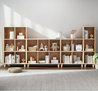 IOTXY Freestanding Open Cubes Bookcase - 2-Tier Floor Standing Wooden Storage Display Cabinet Organizer with Legs for Home Office, 4-Cubes Open Shelf Low Short Bookshelf, Oak