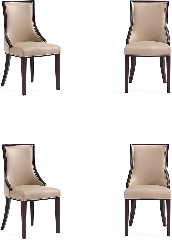 Manhattan Comfort Grand Avenue Faux Leather Dining Chairs, Parsons Accent Furniture with Padded Wingback Seat and Solid Beech Wood Frame, Set of 4, Tan