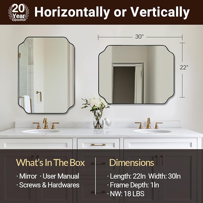 ANDY STAR Black Bathroom Mirror, 22x30 Inch Asymmetrical Mirror, Irregular Wall Mirror in Stainless Steel Metal Frame, Modern Scalloped Mirrors Ideal for Bathroom, Bedroom (Horizontal/Vertical)