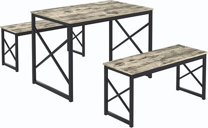 VECELO Kitchen Dining Table Set for 4, 43.3" Wood Rectangle Dinette with 2 Benches, Heavy-Duty Metal Frame for Small Space, Breakfast Nook, Grey