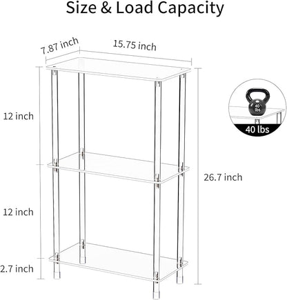 Clear Acrylic Narrow Side Table for Small Spaces, 15.75" L x 7.87" W x 26.7" H, 3 Tier Rectangle Slim End Table Nightstand, Small Mini Skinny Bedside Table for Bedroom, Bathroom, Living Room