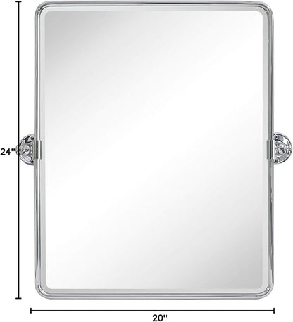 TEHOME 20 x 24 inch Farmhouse Chrome Metal Framed Pivot Rectangle Bathroom Mirror Rounded Rectangluar Tilting Beveled Vanity Mirrors for Wall