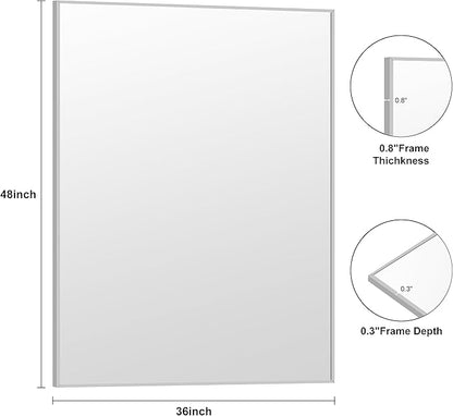 KOCUUY Silver Bathroom Mirror, 48"x36" Large Rectangular Mirror with Metal Frame, Brushed Nickel Vanity Mirror with Modern Design for Bathroom, Living Room, Entryway, Hang Horizontal/Vertical