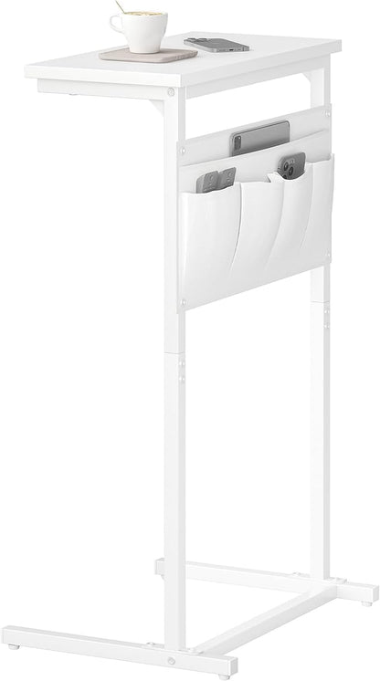 C Shaped End Table, Side Table for Sofa, Small TV Tray, Couch Table with Storage Bag for Small Space, Living Room, Bedroom, Home Office LET501W (White)