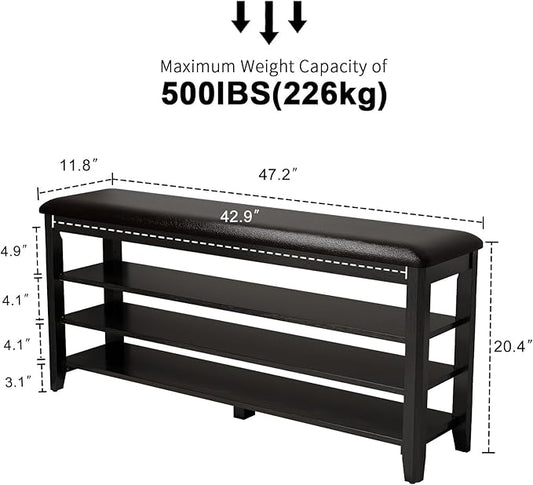 Shoe Bench with Leather Cushion, 3 Tiers Shoe Storage Bench Height Adjustable, Walnut Wood Entryway Bench for Hallway, Mudroom