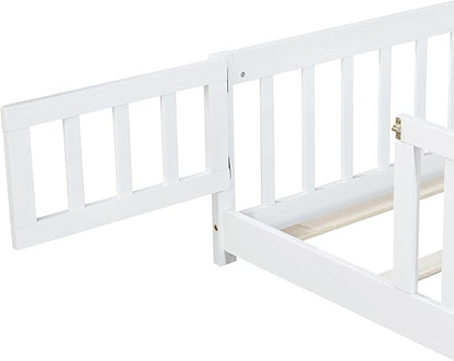 Twin Floor Bed Frame with Slats and Safety Guardrail, Wood Twin Size Montessori Floor Bed with Door and Fence, Easy Assemble Montessori Beds for Kids, Girls, Boys, White