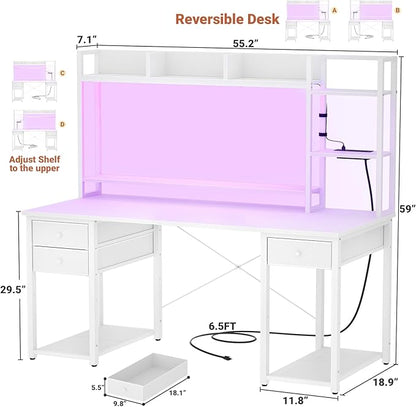 Aheaplus LED Gaming Desk with Hutch, 55.2" Workstation - White