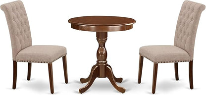 East West Furniture ESBR3-MAH-04 3 Piece Modern Dining Table Set Contains a Round Wooden Table with Pedestal and 2 Light Tan Linen Fabric Parson Dining Chairs, 30x30 Inch, Mahogany