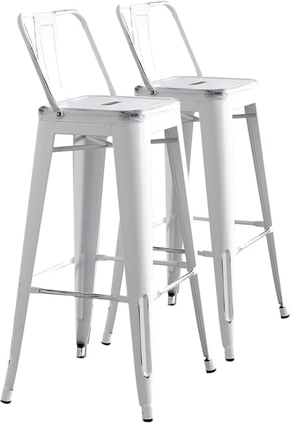 AC Pacific Modern Metal Barstool Set of 2 – Country Rustic Style with Low Back, Lightweight & Sturdy Build, Easy Assembly –, 30" Seat, Distressed White