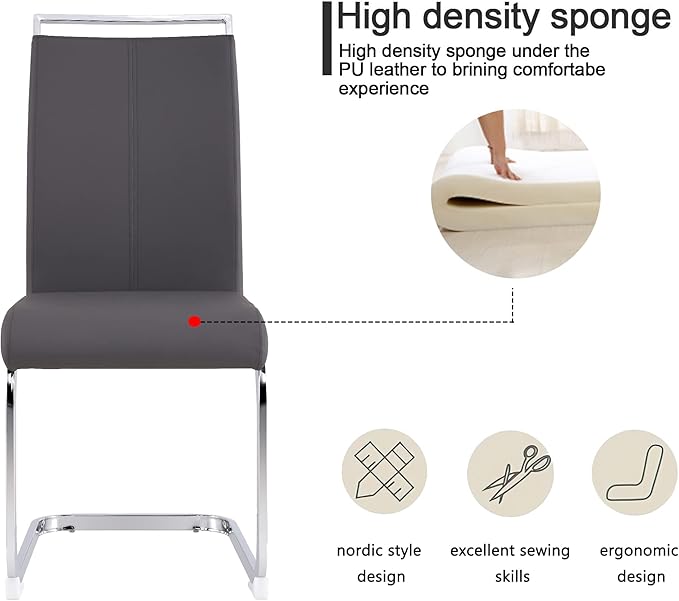 Dining Chairs Set, Kitchen Modern Metal Chairs with Faux Leather Padded Seat High Back and Sturdy Chrome Legs, Chairs for Dining Room (Grey, Set of 4)
