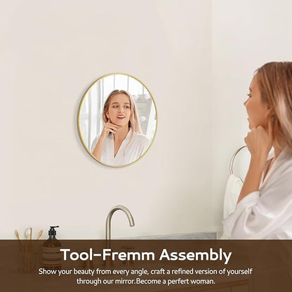 12 Inch Gold Round Bathroom Mirror Circle Wall Mirrors Brushed Metal Frame Anti-Rust Tempered Glass Mirror for Bathroom Bedroom Entryway Living Room