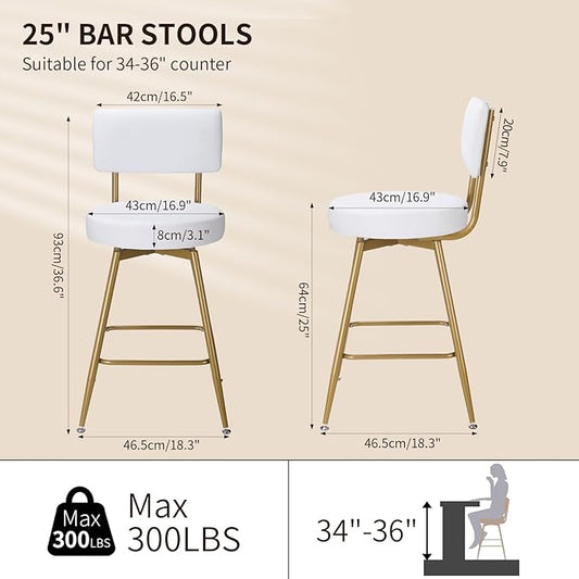 Gold White Bar Stools Set of 2, Modern Counter Height Bar Stools, 25" Upholstered Swivel Round Barstools with Back Bar Chair Island Stool for Kitchen Counter, White Gold