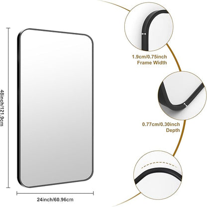 KOCUUY Black Bathroom Vanity Mirror, 24 x 48 inch Metal Frame Mirror with Rounded Corner, Rectangle Design of Upgraded Shatterproof Glass for Bathroom, Bedroom, Living Room, Entryway