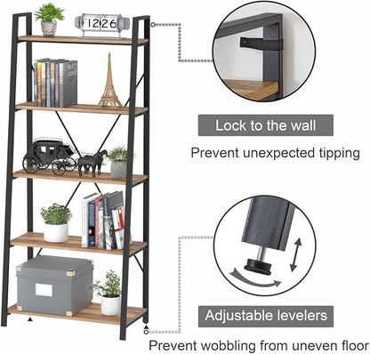 BON AUGURE Industrial 5 Tier Ladder Bookshelf, Wood and Metal Ladder Shelf Bookcase, Farmhouse Leaning Shelves for Living Room (Vintage Oak)