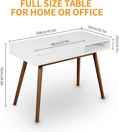 Artswish White Writing Desk with Drawers Mid Century Modern Desk, Wood Office Computer Desks for Small Space, White Desks with Walnut Legs
