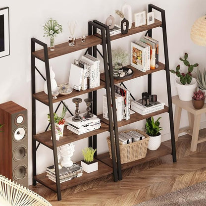 BON AUGURE Industrial Ladder Shelf Bookcase, 4 Tier Rustic Ladder Bookshelf, Standing Leaning Book Shelves for Living Room (Rustic Oak)