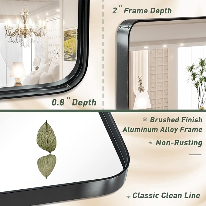 TokeShimi 48 x 36 Inch Black Bathroom Vanity Mirror with Non-Rusting Aluminum Alloy Brushed Matte Metal Frame for Modern,Minimalist,Farmhouse Home Decor (Horizontal/Vertical)