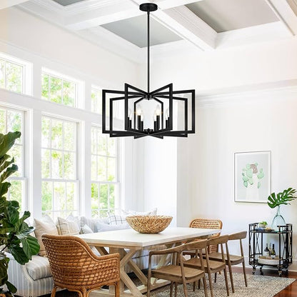 28" Modern Large Black Chandelier for Dining Room (8-Light, 28-Inch), Geometric Black Dining Room Light Fixture Over Table, Industrial Metal Hanging Pendant Lights for Kitchen Island, Entryway, Foyer