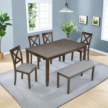 Dining Table Set, 6-Piece Modern Rectangular Dining Table & Chair Set with 4 Upholstered X-Shaped Backrest Chairs and a Bench, Walnut