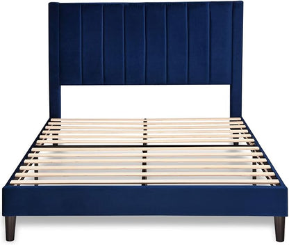 SHA CERLIN Full Bed Frame/Velvet Upholstered Platform Bed Frame with Headboard/Strong Wood Slats Support/Mattress Foundation/No Box Spring Needed - Dark Blue