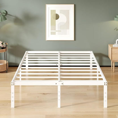 16 Inch White Full Size Bed Frame No Box Spring Need, Metal Platform Full Bed Frames with High Storage, Eassy Assembly 3,500 lbs Heavy Duty Bedframes